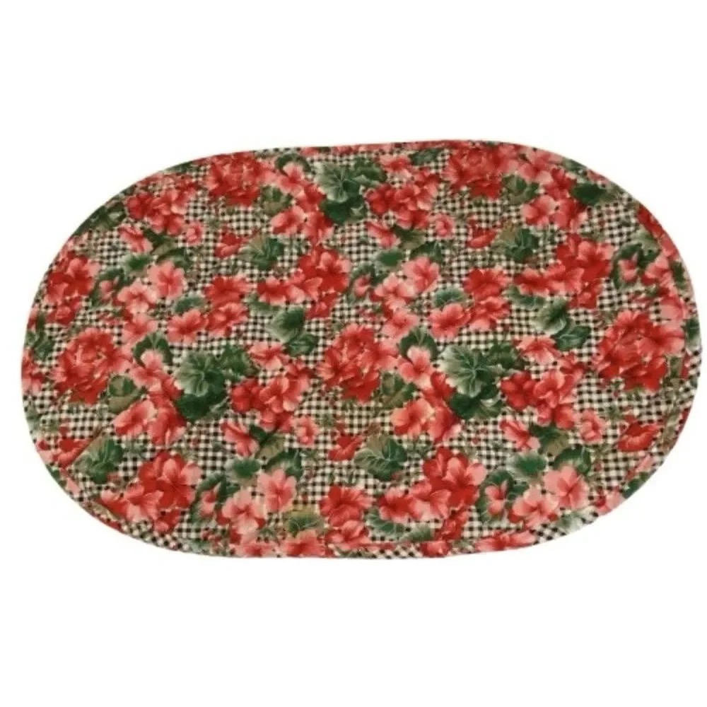 Set of 6 Vintage Floral Quilted Placemats Gingham Check Hibiscus Red Pink Oval